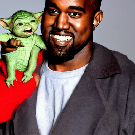 Image similar to kanye west smiling and holding holding yoda for a 1 9 9 0 s sitcom tv show, studio photograph, portrait