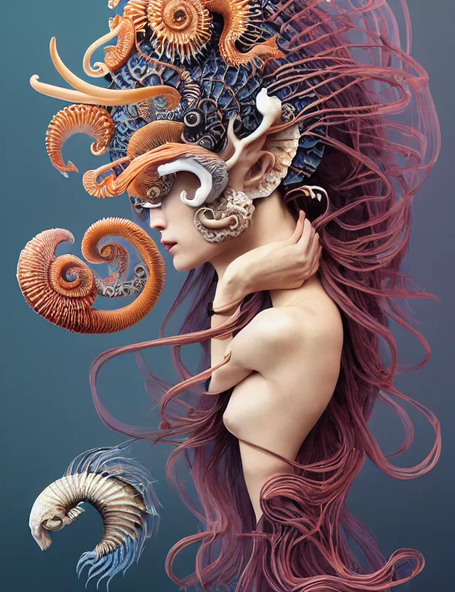 Image similar to 3 d goddess nautilus half - turn portrait with long hair with ram skull. beautiful intricately detailed japanese crow kitsune mask and clasical japanese kimono. betta fish, jellyfish phoenix, bio luminescent, plasma, ice, water, wind, creature, artwork by tooth wu and wlop and beeple and greg rutkowski