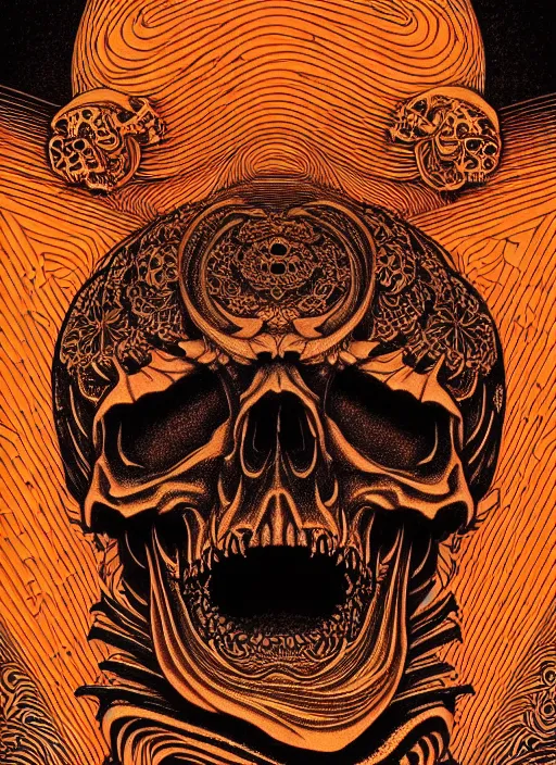 Prompt: detailed mighty skull god, by hokusai and james gurney + black paper with intricate and vibrant orange line work + tarot card + mandelbulb fractal + full of silver layers + portrait + trending on artstation + incredible orange and black gothic illustration + exquisite detail
