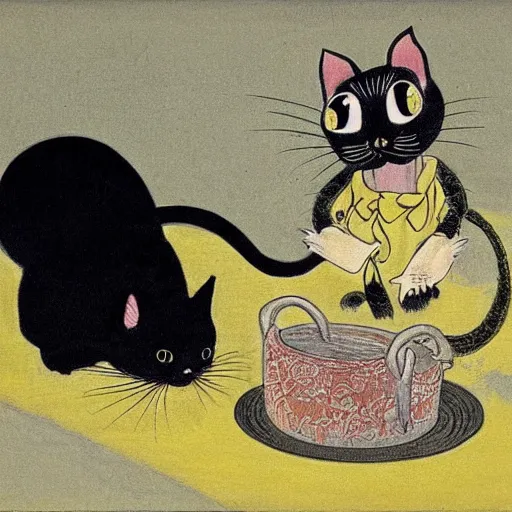 Image similar to a black cat with yellow eyes looking at a cornered mouse by tsuguharu foujita