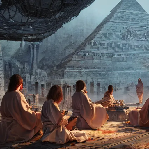 Prompt: a group of ancient sacred religious cult in robes studying in the middle of a technological sci fi advanced city with a large pyramid in its center, highly detailed, intricate, digital painting, trending on artstation, concept art, matte painting, art by greg rutkwowski, craig mullins, octane render, 8 k, unreal engine