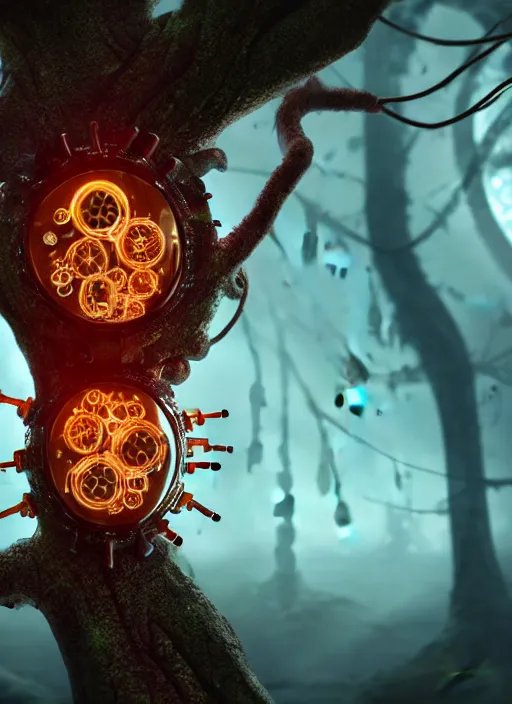 Image similar to intricate mechanical translucent apple with visible gears and components inside, growing off a tree, on the background of a weird magical mechanical forest. Very detailed 8k. Fantasy cyberpunk horror. Sharp. Cinematic post-processing