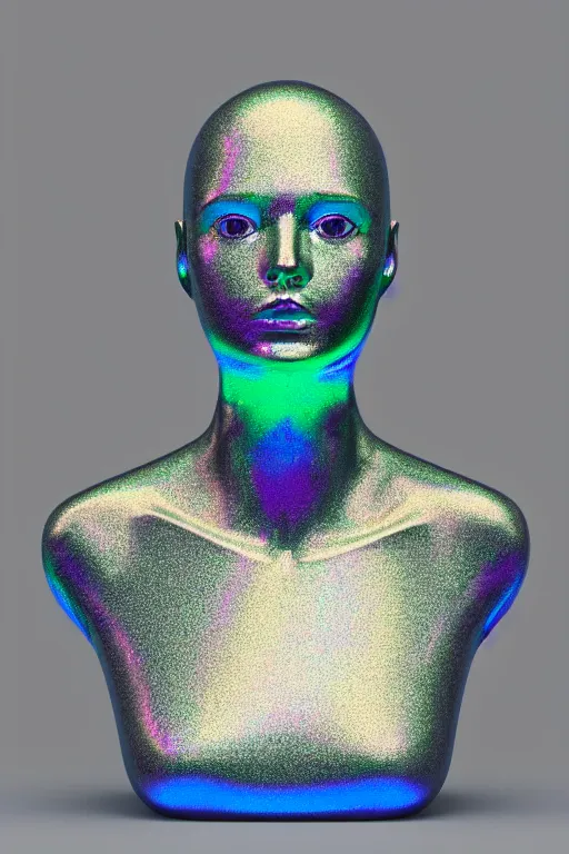 Image similar to 3d render of holographic human robotic bust made of glossy iridescent, bust, surrealistic 3d illustration of a human non-binary, non binary model, 3d model human, cryengine, made of holographic texture, holographic material, holographic rainbow, concept of cyborg and artificial intelligence
