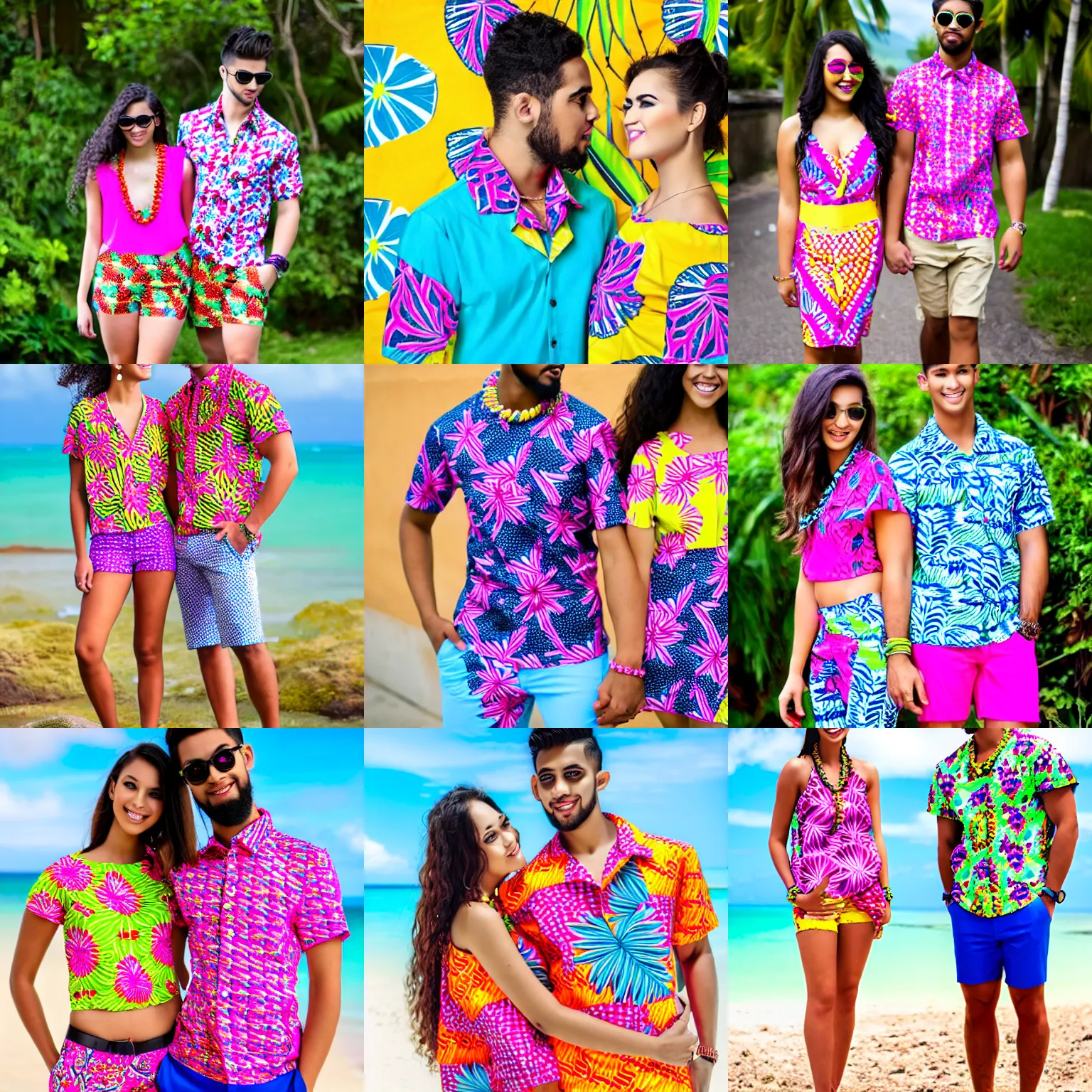 Prompt: matching, gaudy, brightly colored clothes modeled by an attractive young couple, hawaiian print fabric