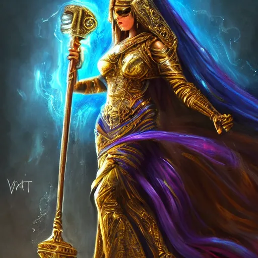 Image similar to angry beautiful Goddess of life with a veil, dark Goddess of artificial intelligence creating an artificial neural network with gold synapses on an anvil with her hammer, high resolution, award winning art, trending on art station, sharp image, incredibly detailed, detailed character, realistic painting, hyper-realistic painting, coherent painting, ethereal halls of valhalla in the background