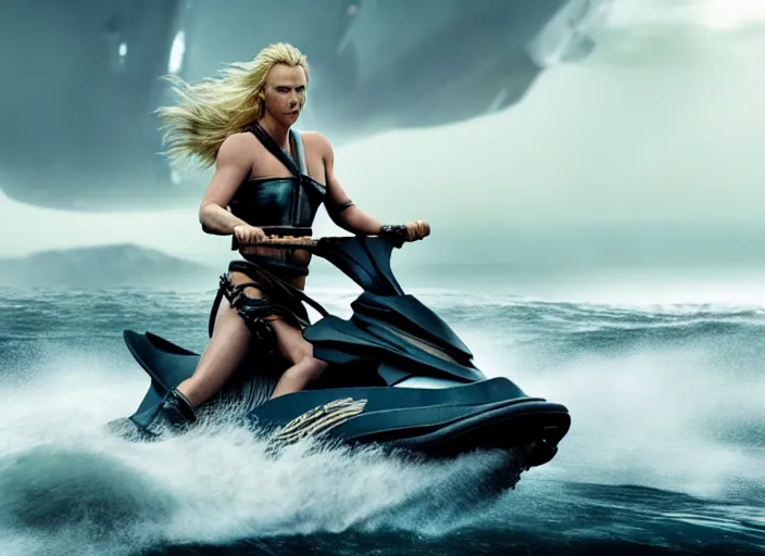 Image similar to film still of charlize theron as a viking women with weapons riding on a jet ski, wearing skin - tight futuristic valkerie bikini, rough seas in background, lightning storms, water world, mad max, hyper - realistic, highly detailed, accurate, 8 k octane render, 2 8 mm, wide angle, rule of thirds