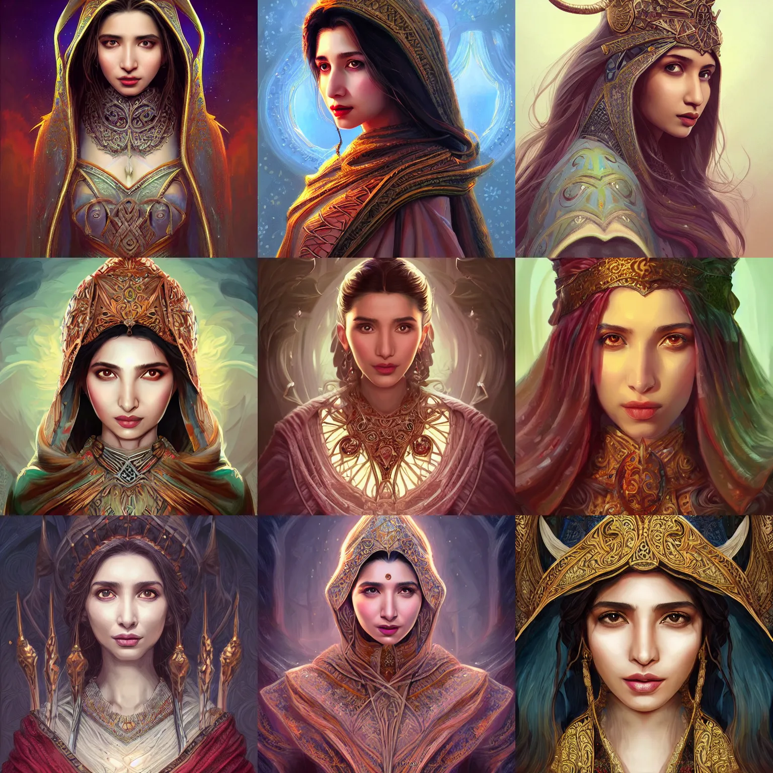 Prompt: head-on centered symmetrical painted portrait, Mahira Khan as a D&D wizard, intricate fantasy robes, fantasy, intricate, elegant, highly detailed, digital painting, smooth, sharp focus, illustration, artstation, in the style of Artgerm and Anna Podedworna and Alex Ross