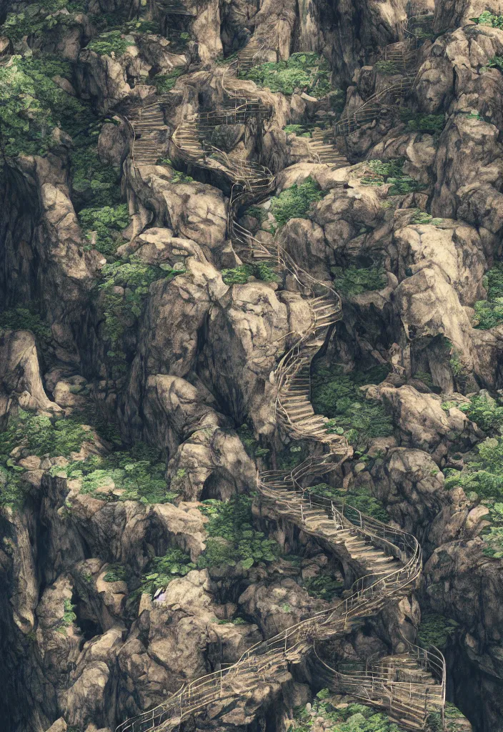 Prompt: kodak portra 4 0 0, photographic and realistic epic vast staircase carved into rock cliff side, photorealistic, hyper detailed, 8 k, movie still, artstation, unreal engine,