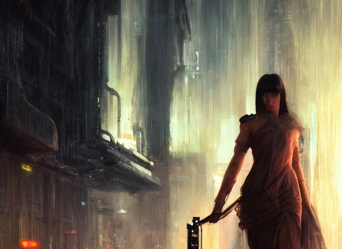 Image similar to maria the android evading blade runner ( blade runner 2 0 4 9, dystopian, cyberpunk 2 0 7 7 character design ). orientalist portrait by john william waterhouse and james gurney and theodore ralli and nasreddine dinet, oil on canvas. cinematic, hyper realism, realistic proportions, dramatic lighting, high detail 4 k