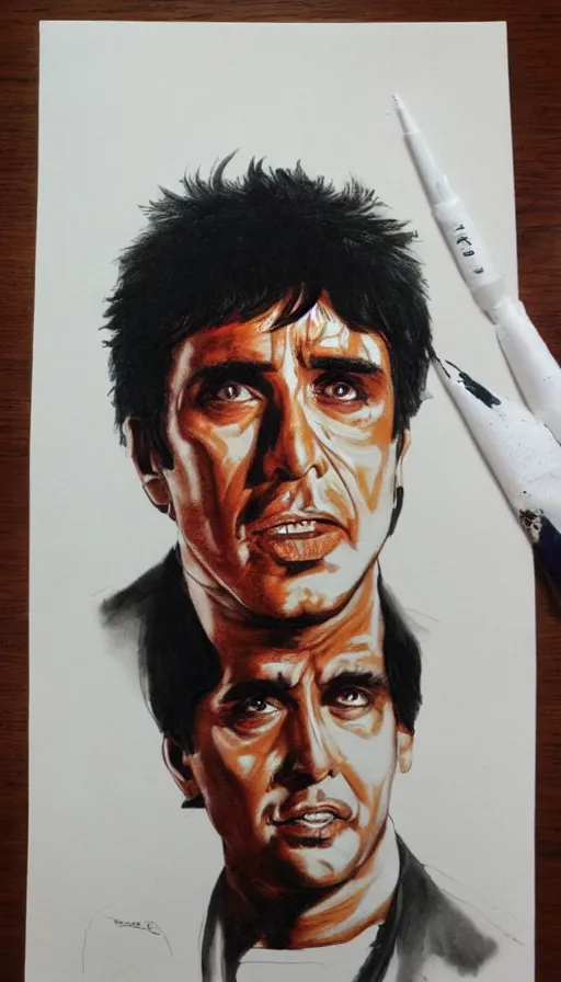 Image similar to close upt. cogerent eyes. detailed face. tony montana from movie scarface. color ink paint