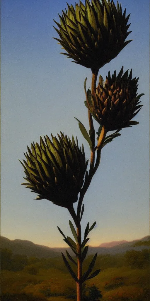 Image similar to tall king proteas against a black backdrop by hudson river school,, artstation