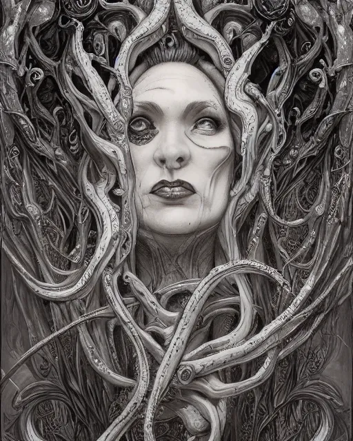 Image similar to centered beautiful detailed side view profile portrait of a insane, crazed, mad vampire old woman, ornate bleeding tentacles growing around, ornamentation, thorns, vines, tentacles, elegant, beautifully soft lit, full frame, by wayne barlowe, peter mohrbacher, kelly mckernan, h r giger