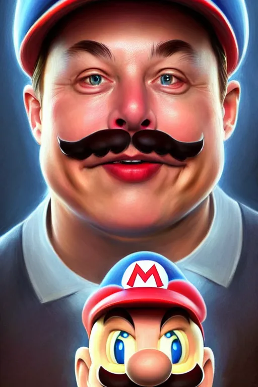 Image similar to elon musk as mario from the super mario bros, realistic portrait, symmetrical, highly detailed, digital painting, artstation, concept art, smooth, sharp focus, illustration, cinematic lighting, art by artgerm and greg rutkowski and alphonse mucha