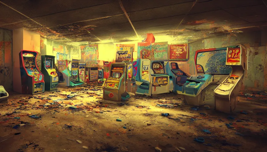 Image similar to abandoned 9 0's arcade room, cobwebs, dust, particles, dusty, arcade machines, hyperdetailed, artstation, cgsociety, 8 k