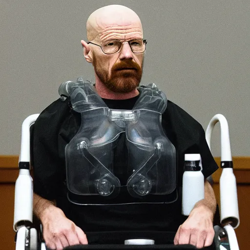 Image similar to walter white with a rough beard, wearing a clear plastic scuba rebreather, sitting in a wheelchair in a courtroom.