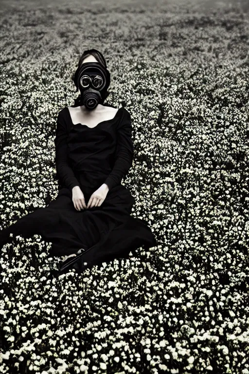 Image similar to a surreal portrait of a woman wearing gas mask diving into the ground of black flowers in the style of brooke didonato, editorial fashion photography from vogue magazine, full shot, nikon d 8 1 0, ƒ / 2. 5, focal length : 8 5. 0 mm, exposure time : 1 / 8 0 0, iso : 2 0 0