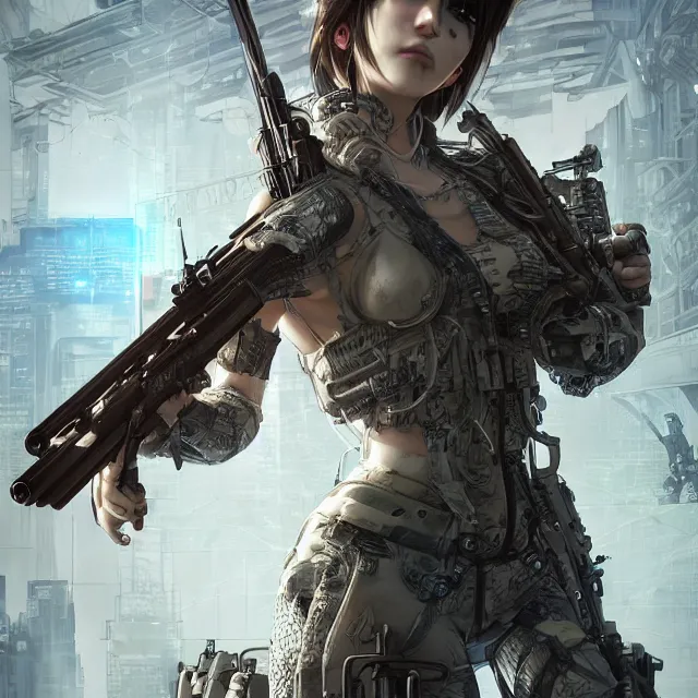 Image similar to the portrait of lawful neutral female cyberpunk marine sniper as absurdly beautiful, gorgeous, elegant, young gravure idol, an ultrafine hyperdetailed illustration by kim jung gi, irakli nadar, intricate linework, bright colors, octopath traveler, final fantasy, unreal engine 5 highly rendered, global illumination, radiant light, detailed and intricate environment