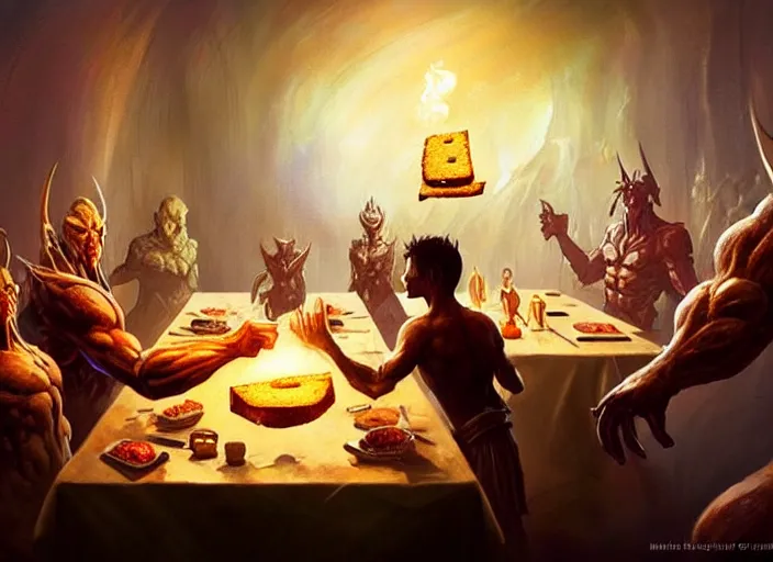 Image similar to a giant magical piece of toast at the head of the dinner table, all the dinner guests looking toward the toast, by marco bucci and frank frazetta, magic : the gathering fantasy concept art, high resolution, fantasy coloring, intricate, digital painting, artstation, smooth, sharp focus