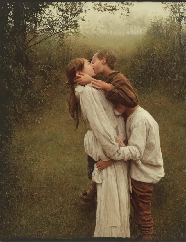 Image similar to peasant boy and girl first kiss, secretly on a village, Cinematic focus, Polaroid photo, vintage, neutral colors, soft lights, foggy, by Steve Hanks, by Serov Valentin, by lisa yuskavage, by Andrei Tarkovsky detailed, oil on canvas