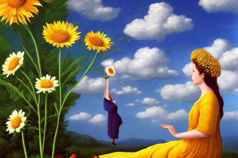 Image similar to giant daisy flower head, woman sitting, surreal, clouds in sky, impressionist painting, digital painting, artstation, rob gonsalves