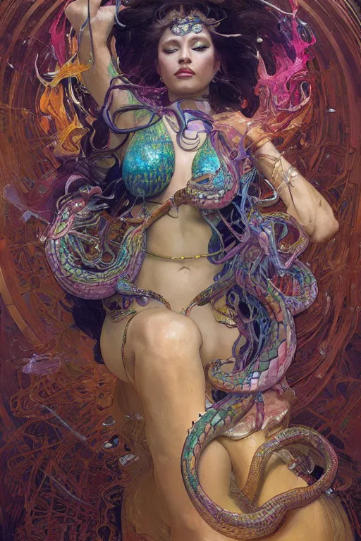 Prompt: an hiper intricate oil painting of a beautifull snake godess surounded by melting colorfull wax drips, colorfull, excelent composition, wide shot, by yoshitaka amano, by ellen jewett, by greg rutkowski, by alphonse mucha by jeremyg lipkinng, by rhads, by ross tran, artstation, octane render