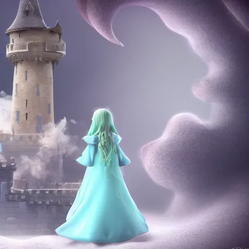 Prompt: cute fumo plush of a princess girl in a tower on a tiny island which she lays sole claim to, selfish empress of the abyss, tempestuous waters, wisps of volumetric smoke and fog, gothic maiden in tattered white dress, vignette, vray