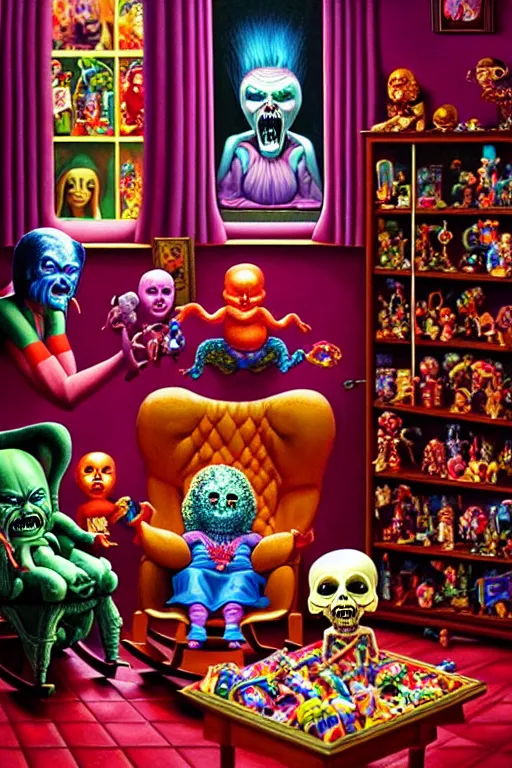 Image similar to a hyperrealistic painting of an ornate room full of evil possessed toys watching a grandma in a rocking chair, cinematic horror by chris cunningham, lisa frank, richard corben, highly detailed, vivid color,