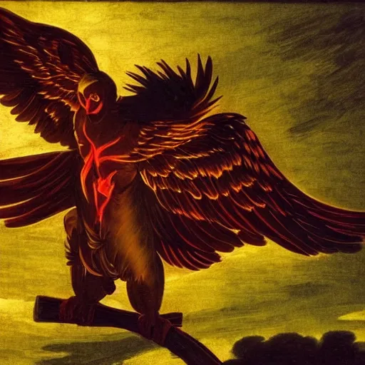 Prompt: Glowing Phoenix bird flying above a city in the moonlight painted by Caravaggio. High quality.