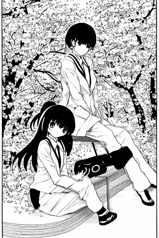 Image similar to black and white manga page, highly detailed pen, shoujo romance, two girls, first girl with long dark hair in sailor uniform, second girl with short light hair in pant suit, sitting on bench, cherry blossom tree in background with petals floating, drawn by Atsushi Ohkubo