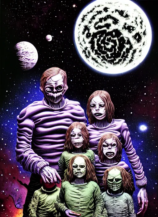 Image similar to detailed image of a creepy family in the deep space by richard corben, rich deep colors. masterpiece . intricate artwork, cinematic, hyper realism, high detail, unreal engine, 8k, Smooth gradients, High contrast, depth of field, very coherent symmetrical artwork. clean ink detailed line drawing, intricate detail, extremely detailed.