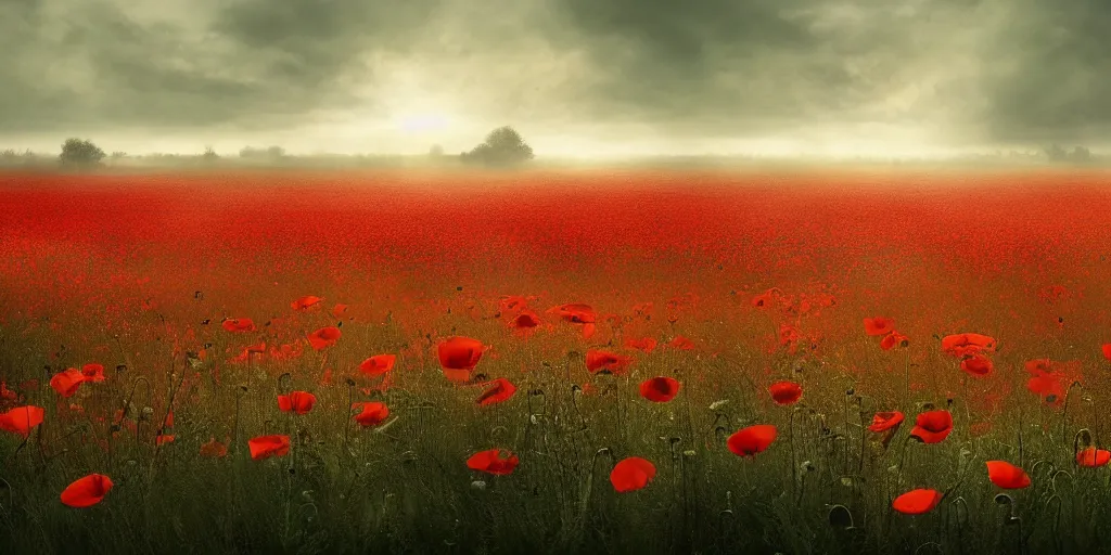 Image similar to a detailed beautiful matte painting of a field of poppies by Mikko Lagerstedt and Raphael Lacoste