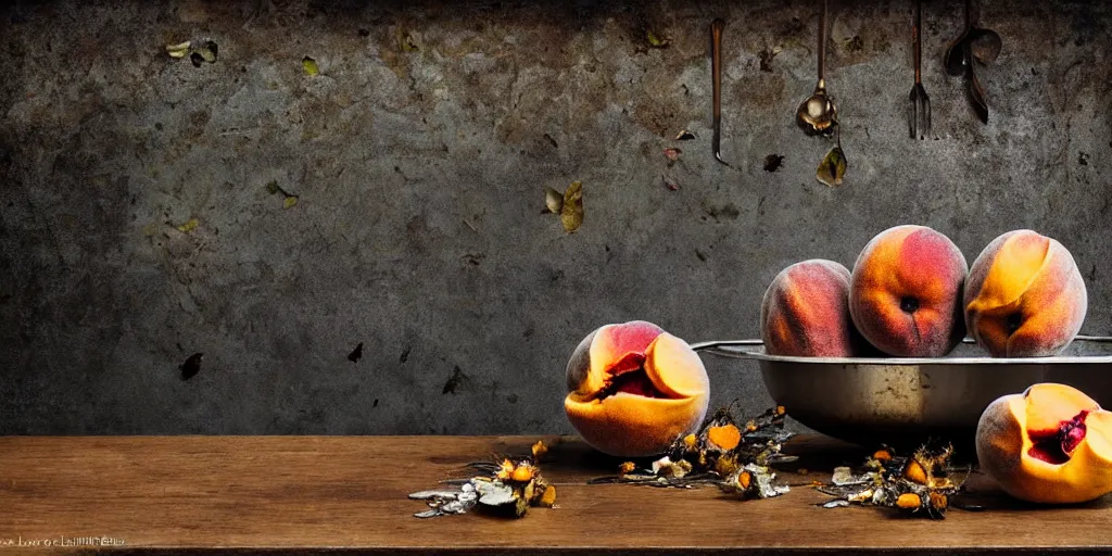 Image similar to side view, decaying rotting peaches, moldy, on an antique distressed table top, dried flowers, metal kitchen utensils, old kitchen backdrop, dark kitchen, style by peter lippmann, intricate detail,