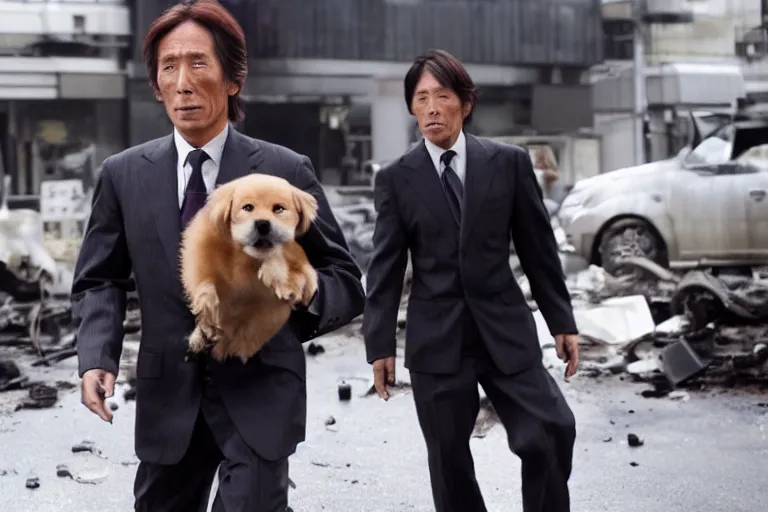 Prompt: cinematography action movie closeup portrait of a Japanese business man carrying his dog running from an explosion in Tokyo by Michael Bay