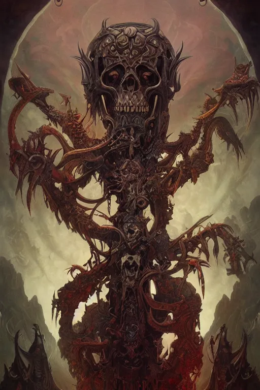 Image similar to evil gigantic demon skull lord of death, fantasy painting, ultra realistic, wide angle, art nouveau, intricate details, rainbowshift, vivid colors, highly detailed by peter mohrbacher, h. r. giger, maxfield parrish, gaston bussiere, gustave dore, craig mullins