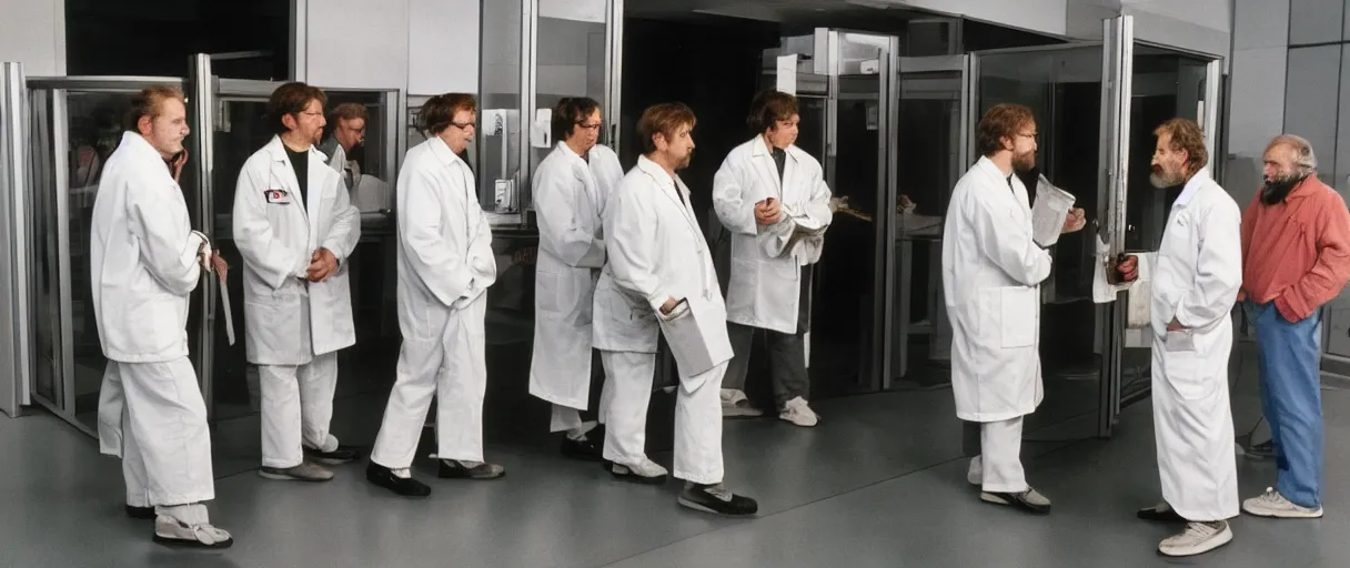 Prompt: a high quality hd 4 k film 3 5 mm color photograph of a couple grizzled caucasian male scientists wearing lab coats waiting in line to enter a large sealed glass security door, a young man wearing camo pants holding a clipboard stands at the entrance talking in 1 9 8 2