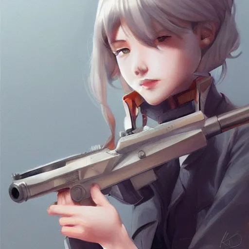 Prompt: girl silver hair, holding a gun, trending on artstation, illustration by Krenz Cushart, portrait