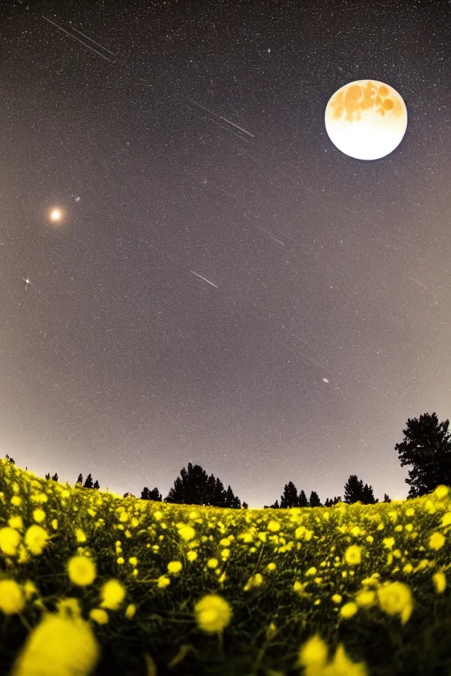 Prompt: low angle, shot from below. two very large moons in night sky. milky way in the night sky. 3 0 second shot. heavy meteor shower. field of big frozen yellow flowers. f 1. 8 lens, lens flare, bokeh. high detail