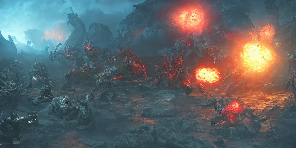 Image similar to long shot, fantasy battlefield, autobots against cthulhu with magic and terror beasts, digital art, art station, render, volumetric light