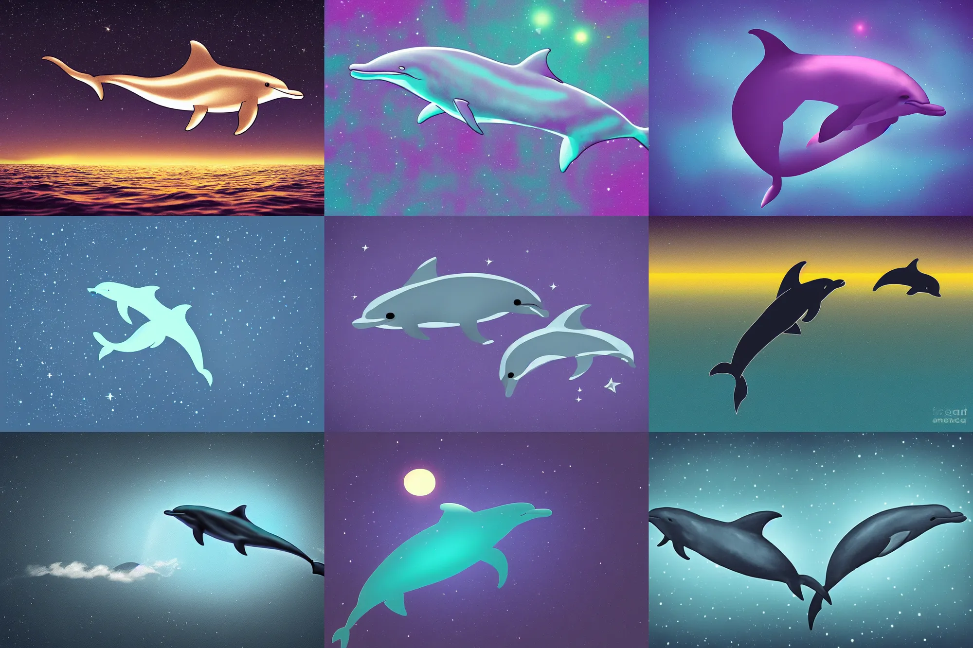 Prompt: luminescent dolphin swimming in the night sky, digital art, flat, dark background