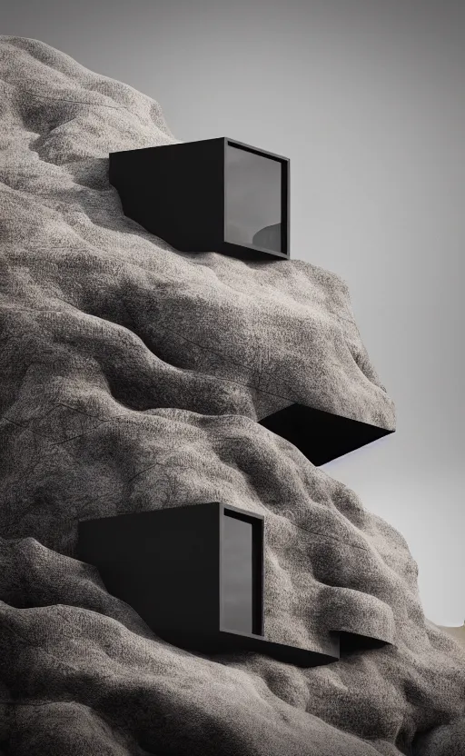 Image similar to tall black geometric house, embedded in lava cliff, full view, black house, molten metal house, minimal, rippled white landscape, dwarven architecture, light from molten iron, octane render, hyper realistic, 8 k, octane render,
