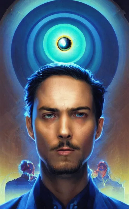 Image similar to upper half portrait of a man with spiral eyes droolingn inside of a distorted tv reality - in drew struzan movie poster style, art by drew struzan & hsiao - ron cheng, highly detailed, digital painting, ray tracing, illustration, smooth, sharp focus, intricate, symmetry, artstation,