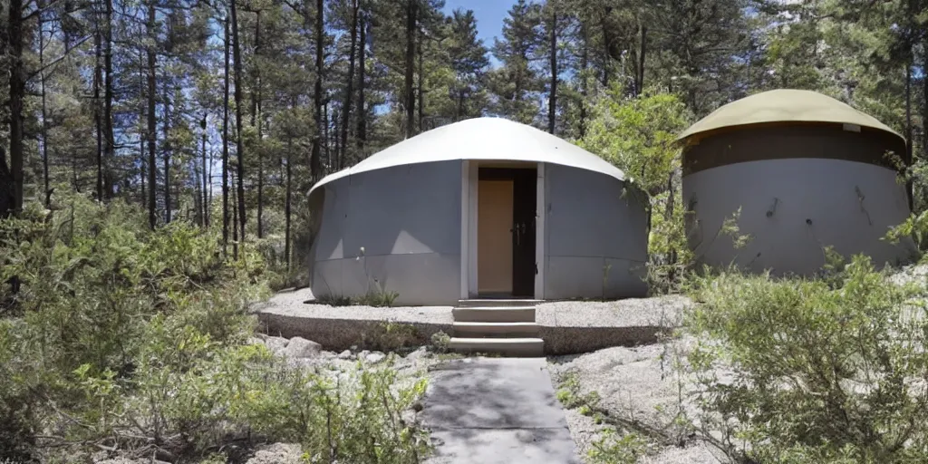 Prompt: futuristic yurt in the style of george suyama, concrete and steel, many square windows