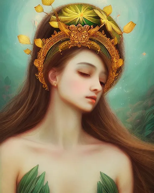 Image similar to the goddess of summer, with lotus on her head, half - length head portrait, dreamy, beautiful, by wlop