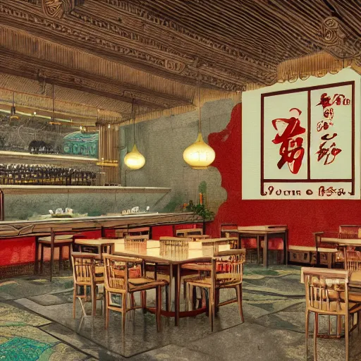 Prompt: a beautiful hyperdetailed interior 4 k hd wallpaper illustration of roasted string hotpot restaurant restaurant yan'an, wall corner, simple style, wall painting, from china, with merchant logo, simple structure, surrealistic, chinese style, victo ngai