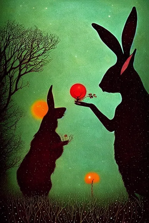 Prompt: surreal, black rabbits, nostalgia for a fairytale, magic realism, flowerpunk, mysterious, vivid colors, by andy kehoe