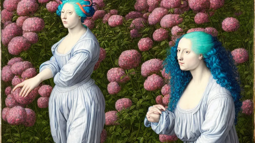 Prompt: portrait of a woman with neon blue hair, wearing baggy clothes and hair rolls, standing in a garden full of flowers, intricate details, high detail, in a renaissance style
