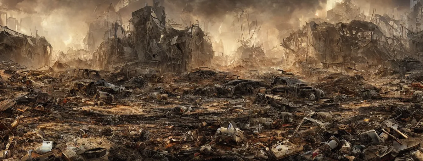 Image similar to vision of an apocalyptic ruined landscape, after the explosion of the hydrogen tanks, waste, total destruction, detailed drawing of total devastation, collapsed houses, broken forests, burnt remains of cars and garbage, high detail, saturated colors, by james paick, render unreal engine - h 7 0 4