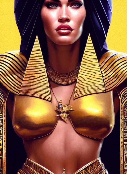 Image similar to portrait of megan fox as egypt queen, scarab, pyramids, gold, intricate, headshot, highly detailed, digital painting, artstation, concept art, sharp focus, cinematic lighting, illustration, art by artgerm and greg rutkowski, alphonse mucha, cgsociety