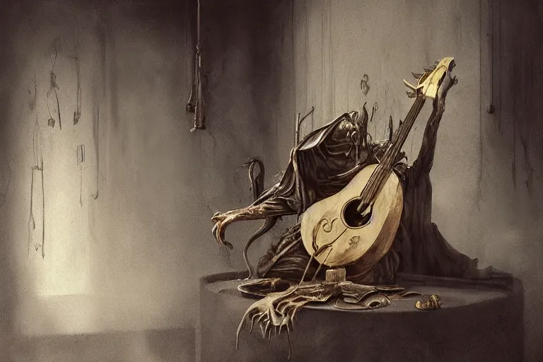 Prompt: still life painting, musical instument alone - a lute with smoke wisping up from its smoldering string, cursed baroque with ebony inlay, designed by brian froud and hr giger leans against the wall alone, abandoned. an empty brutalist chamber, lonely, somberlate afternoon lighting cinematic fantasy painting by jessica rossier