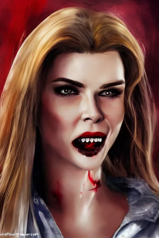 Prompt: mix of beautiful young maria shriver, mariel hemmingway, brooke shields, nicole kidman and elle macpherson as a vampire showing vampire teeth, ready to bite, thin lips, hair tied up in a pony tail, dark blonde hair, colorful, artstation, cgsociety